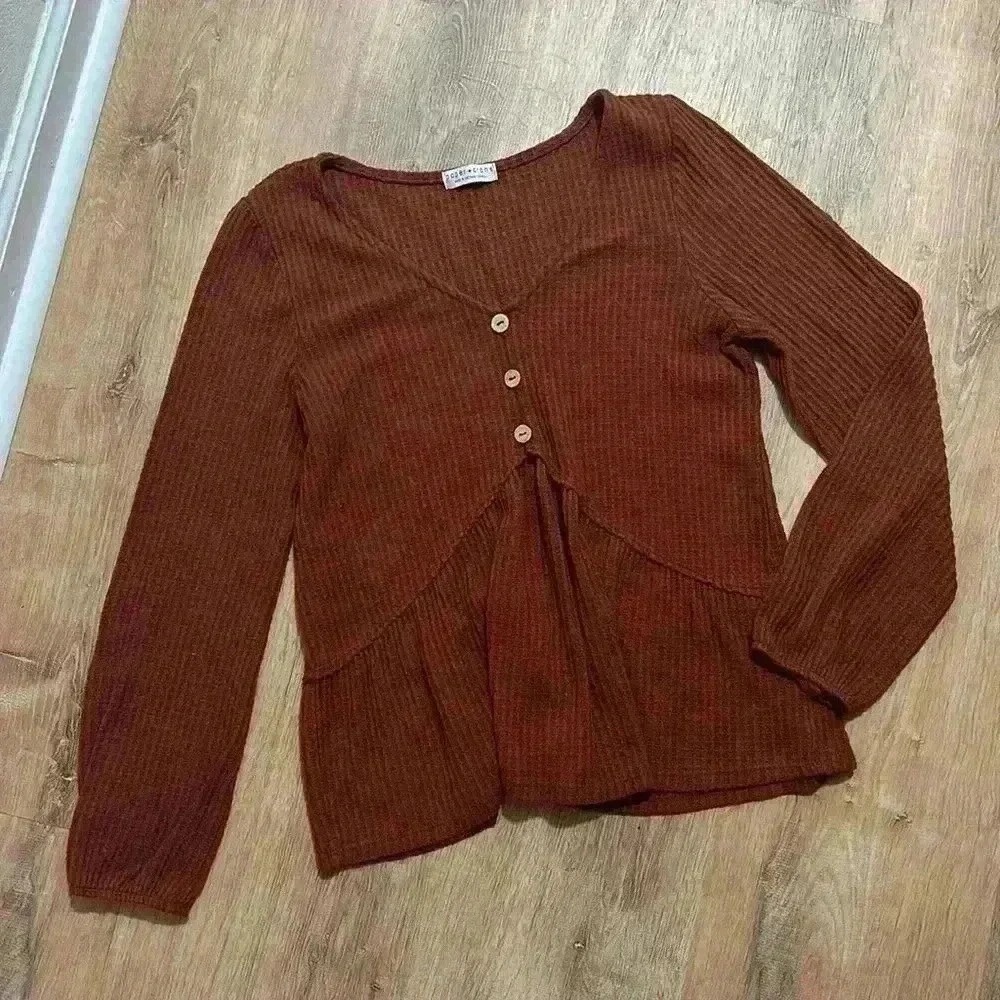 PAPER CRANE | Woman's Waffle Knit Red Ribbed Flowy‎ Long Sleeve Blouse, Size XS